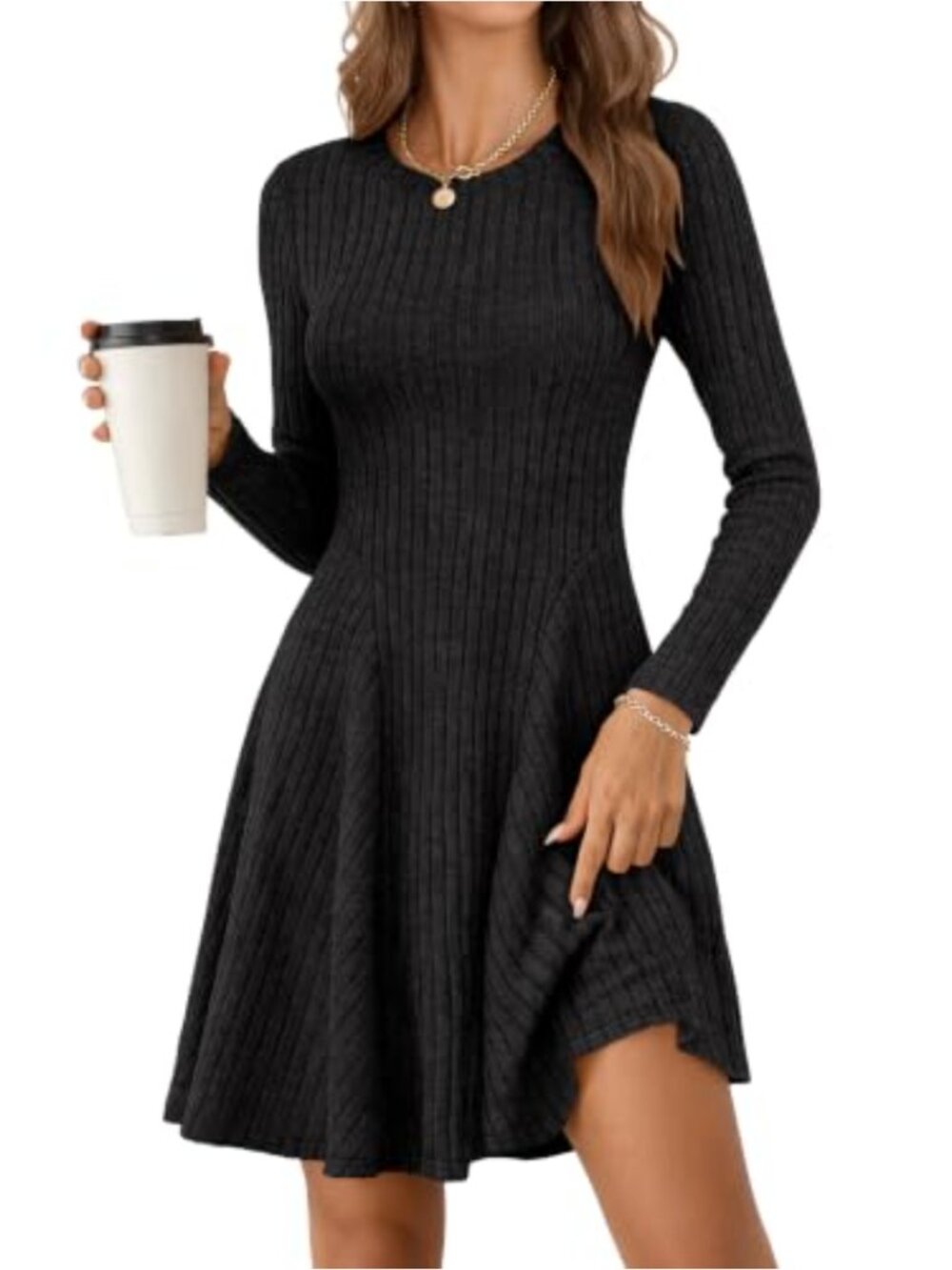 Women's Long Sleeve Ribbed Knit A-Line Mini Sweater Dress